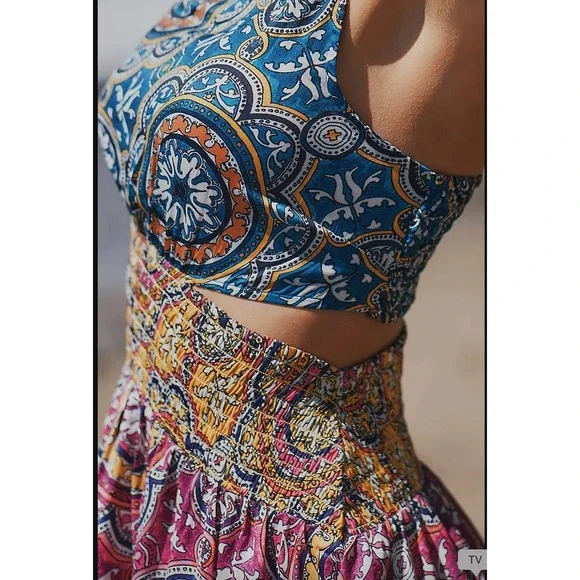 Anthropologie Cutout Smocked Midi Dress Size S Mixed Paisley Medallion Blue Pink - Picture 4 of 11